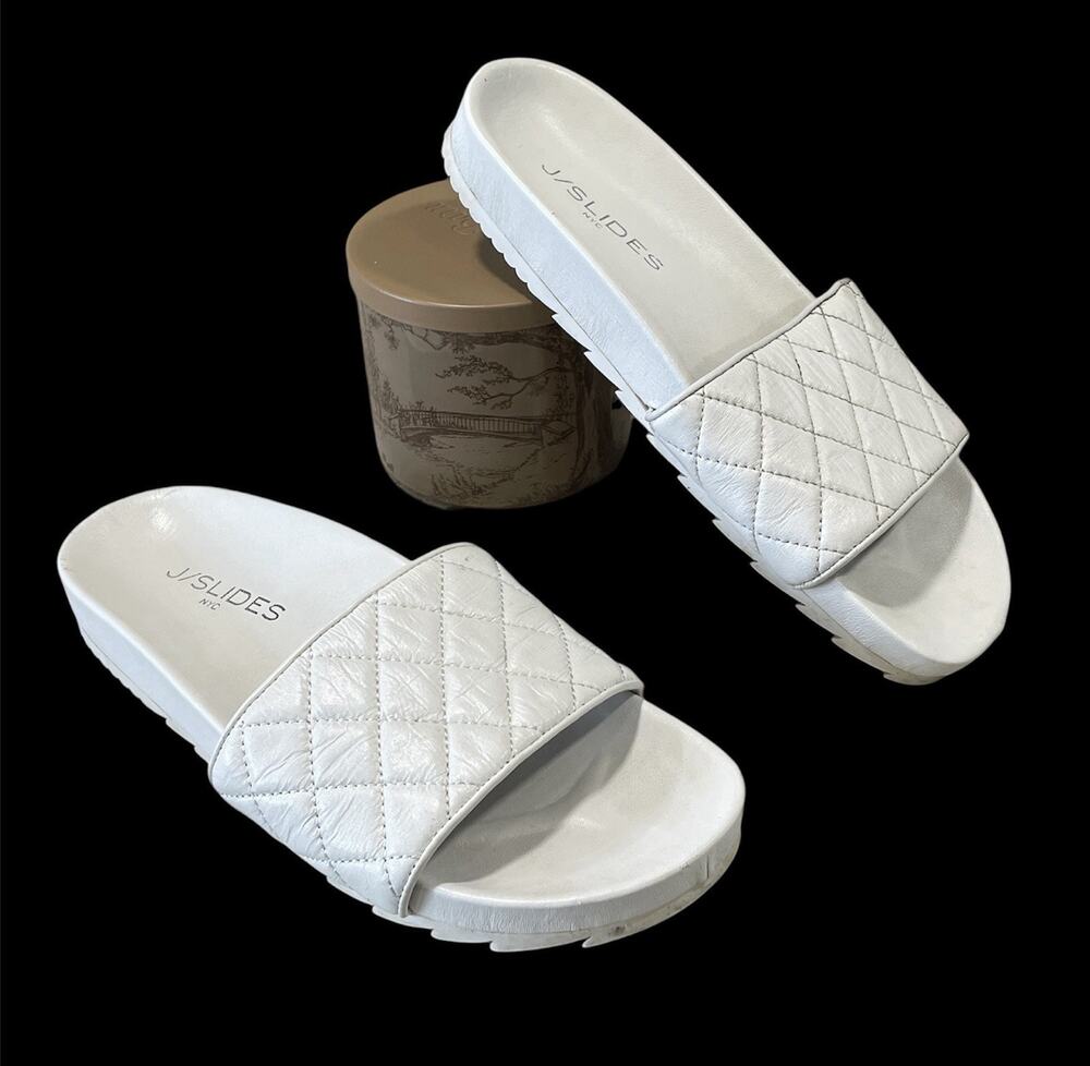 White Leather J/Slides NY Edge Slide Sandals Women’s Size 7 -Summer Casual Wear
